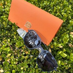 Tory Burch Orange Saffiano Case with Blue Sunglasses
